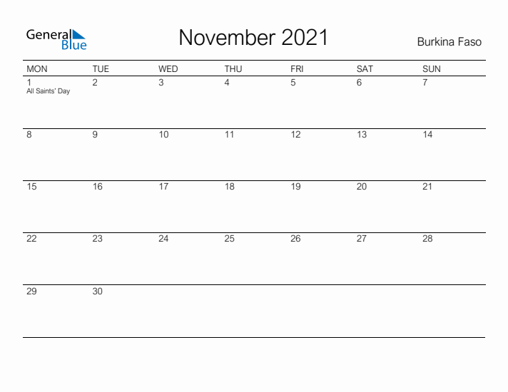 Printable November 2021 Calendar for Burkina Faso