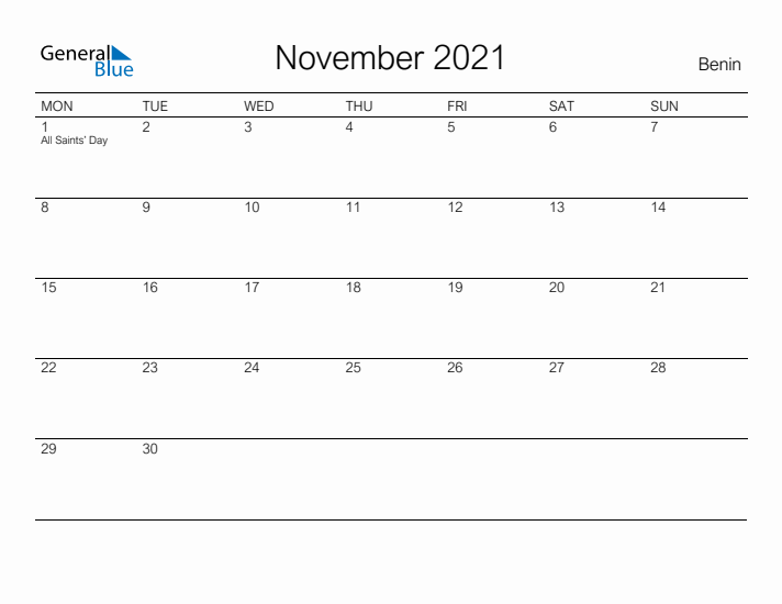 Printable November 2021 Calendar for Benin