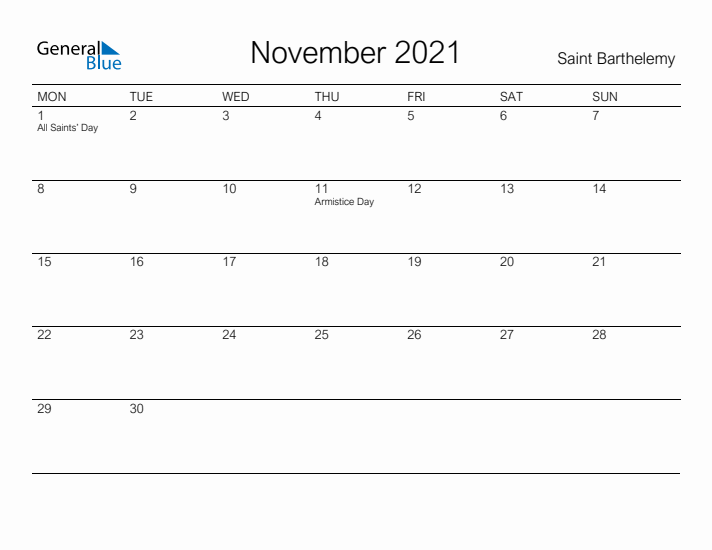 Printable November 2021 Calendar for Saint Barthelemy