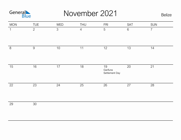 Printable November 2021 Calendar for Belize