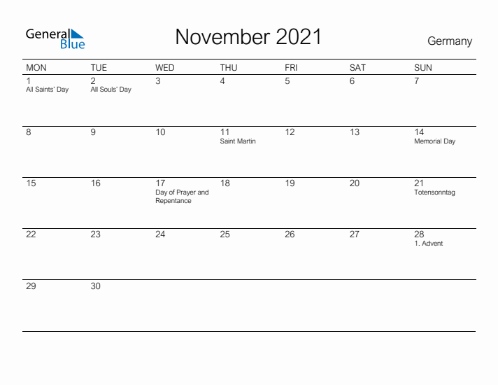 Printable November 2021 Calendar for Germany