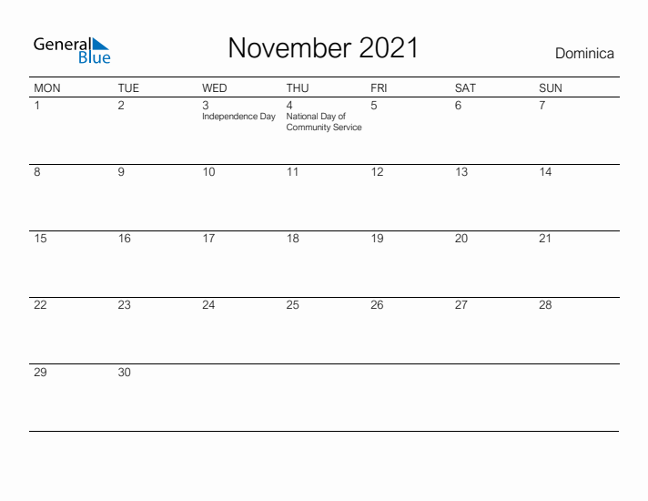 Printable November 2021 Calendar for Dominica