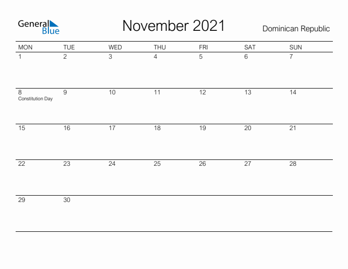 Printable November 2021 Calendar for Dominican Republic