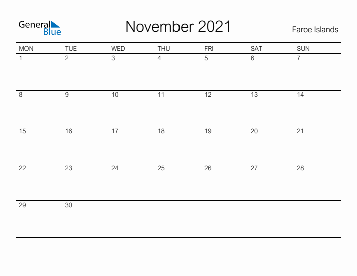 Printable November 2021 Calendar for Faroe Islands