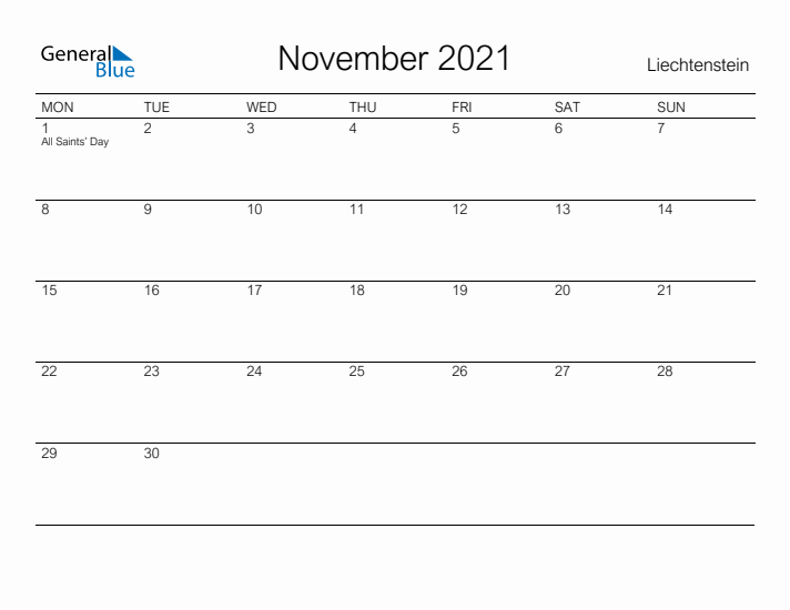 Printable November 2021 Calendar for Liechtenstein