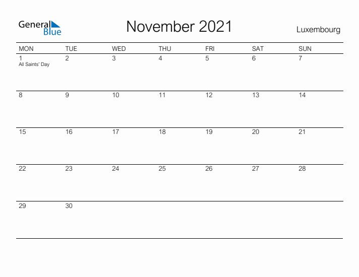 Printable November 2021 Calendar for Luxembourg