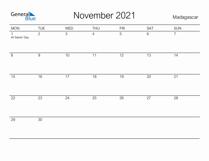 Printable November 2021 Calendar for Madagascar