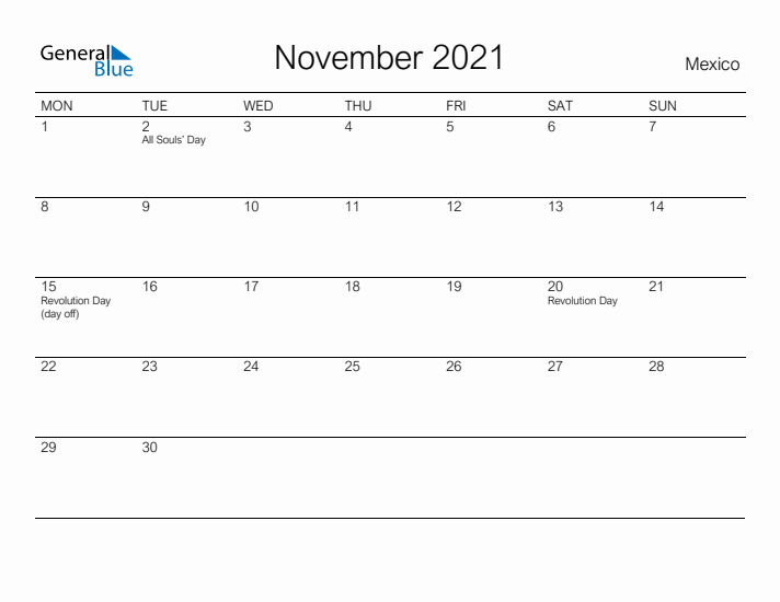 Printable November 2021 Calendar for Mexico