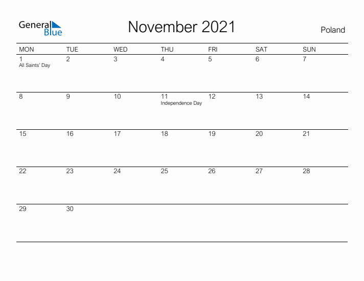 Printable November 2021 Calendar for Poland