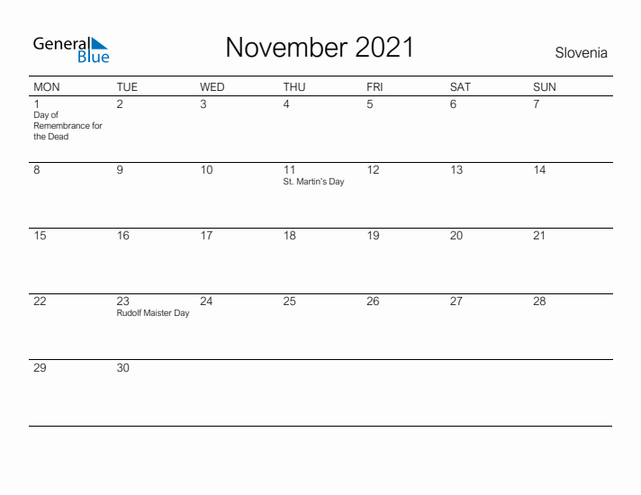 Printable November 2021 Calendar for Slovenia