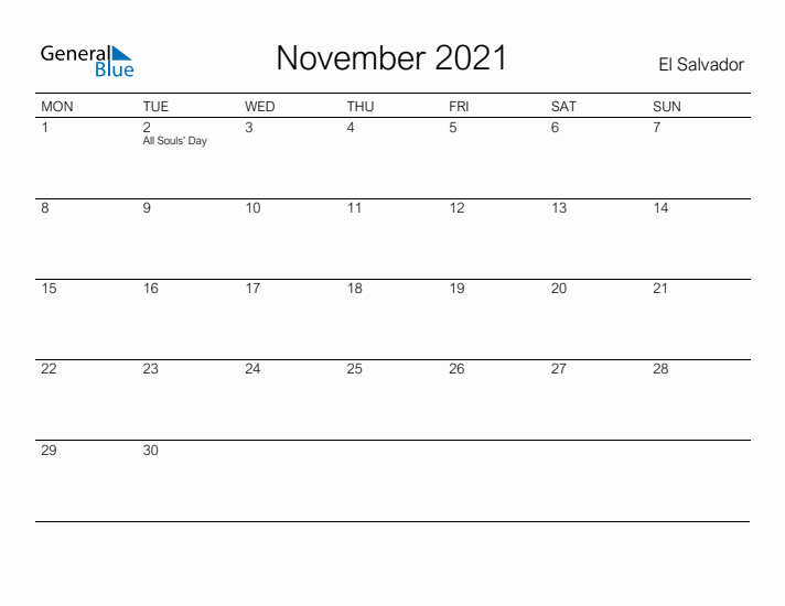 Printable November 2021 Calendar for El Salvador