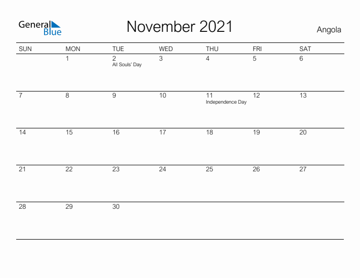 Printable November 2021 Calendar for Angola