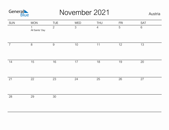 Printable November 2021 Calendar for Austria