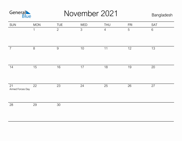 Printable November 2021 Calendar for Bangladesh