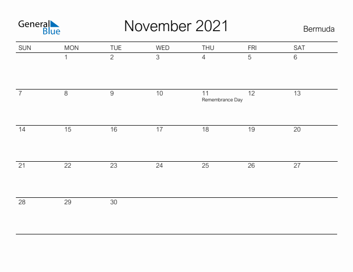 Printable November 2021 Calendar for Bermuda