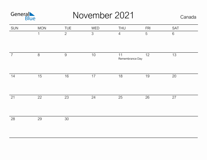 Printable November 2021 Calendar for Canada