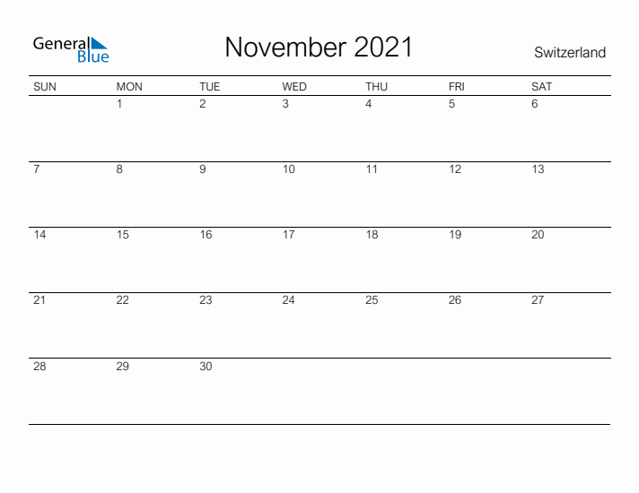 Printable November 2021 Calendar for Switzerland