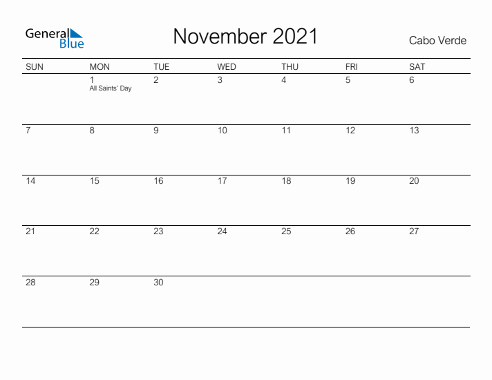 Printable November 2021 Calendar for Cabo Verde