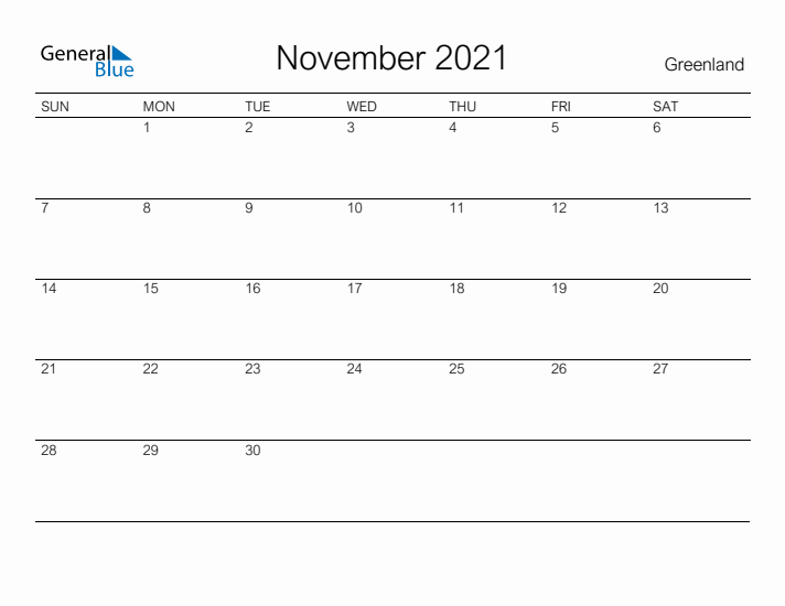 Printable November 2021 Calendar for Greenland