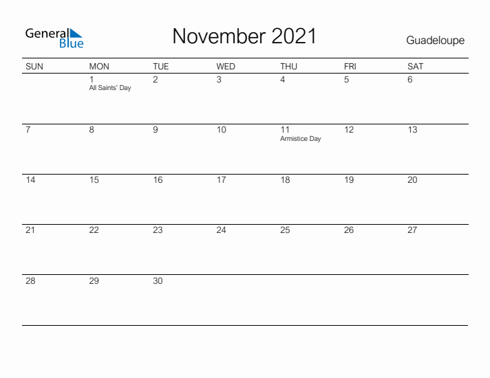 Printable November 2021 Calendar for Guadeloupe