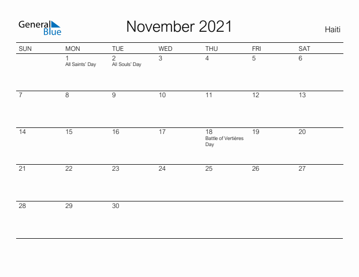 Printable November 2021 Calendar for Haiti