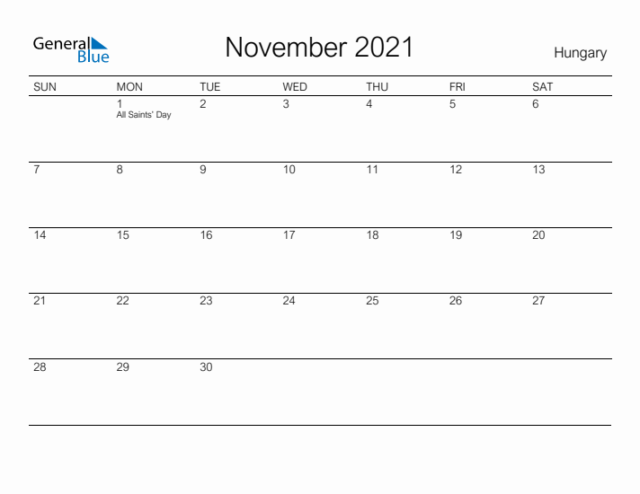 Printable November 2021 Calendar for Hungary