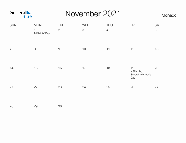 Printable November 2021 Calendar for Monaco