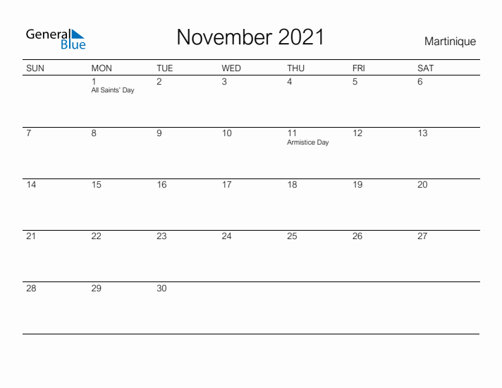 Printable November 2021 Calendar for Martinique