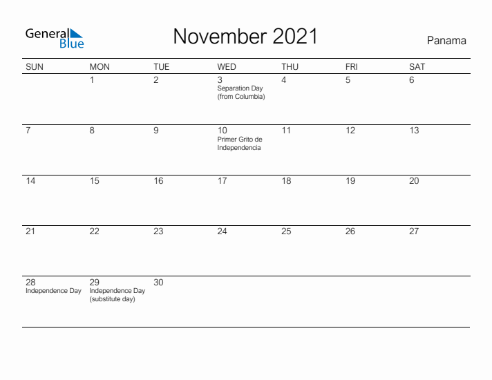 Printable November 2021 Calendar for Panama