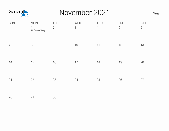 Printable November 2021 Calendar for Peru