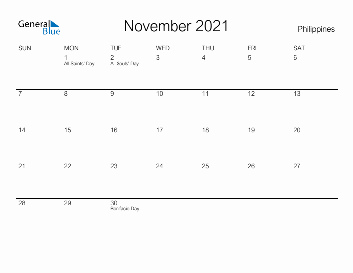 Printable November 2021 Calendar for Philippines