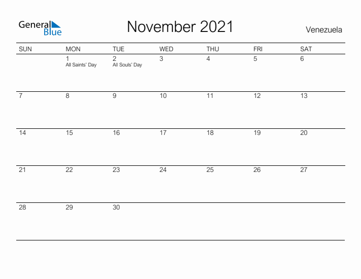 Printable November 2021 Calendar for Venezuela