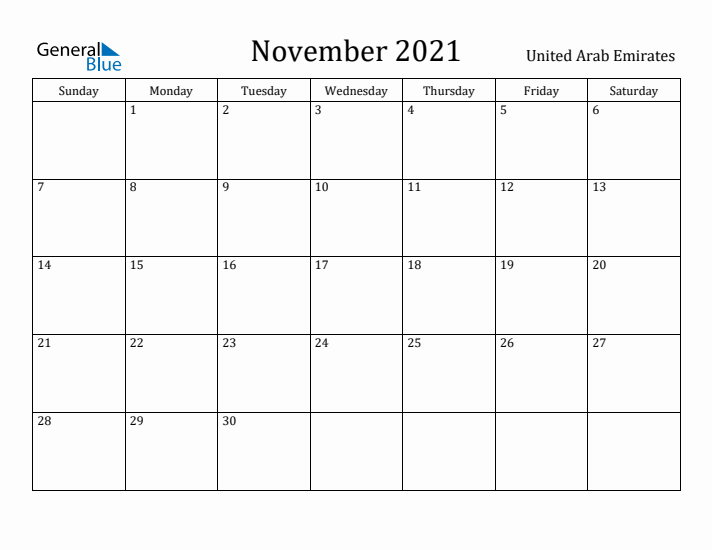 November 2021 Calendar United Arab Emirates