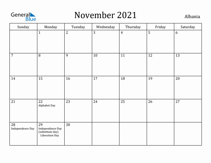 November 2021 Calendar Albania