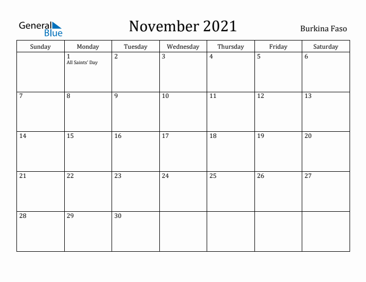 November 2021 Calendar Burkina Faso