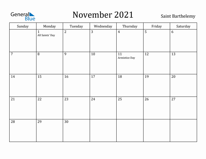 November 2021 Calendar Saint Barthelemy