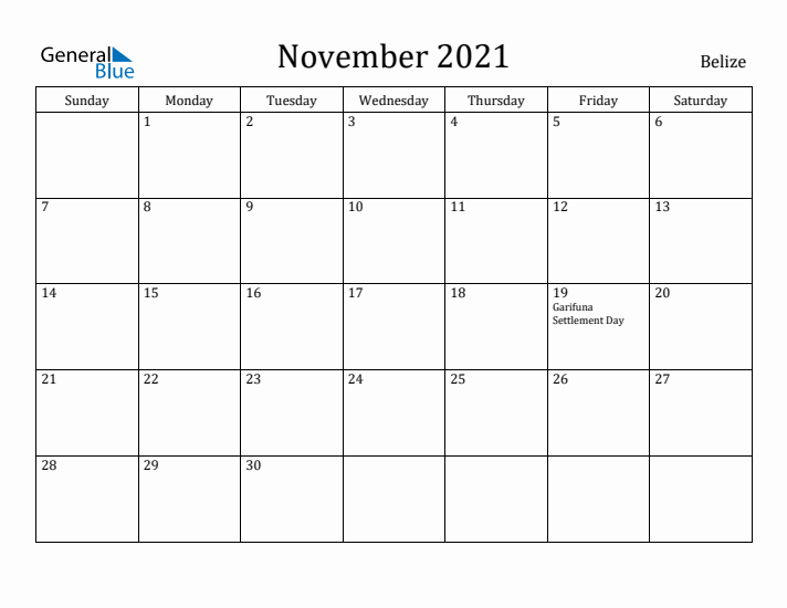 November 2021 Calendar Belize