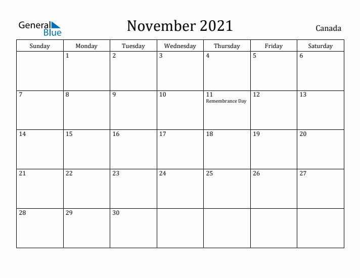 November 2021 Calendar Canada