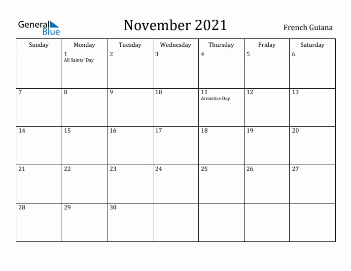 November 2021 Calendar French Guiana