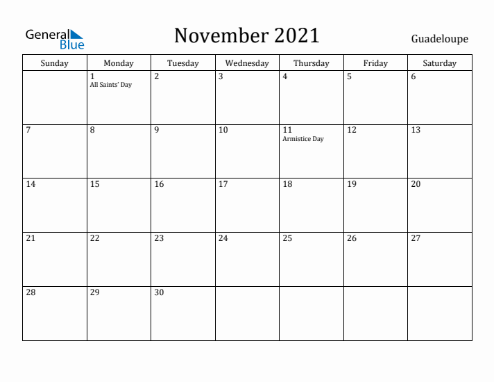 November 2021 Calendar Guadeloupe