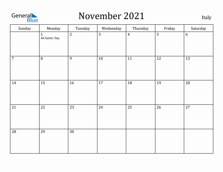 November 2021 Calendar Italy