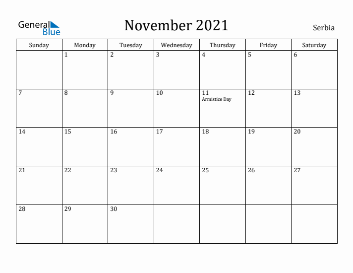 November 2021 Calendar Serbia