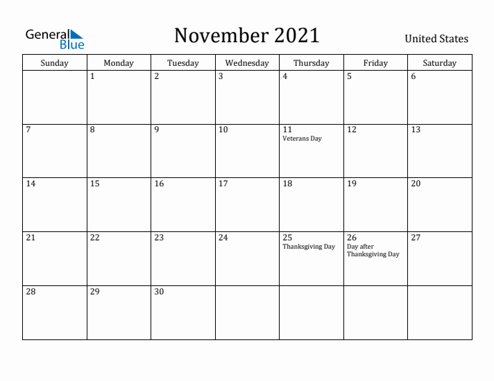 November 2021 Calendar United States