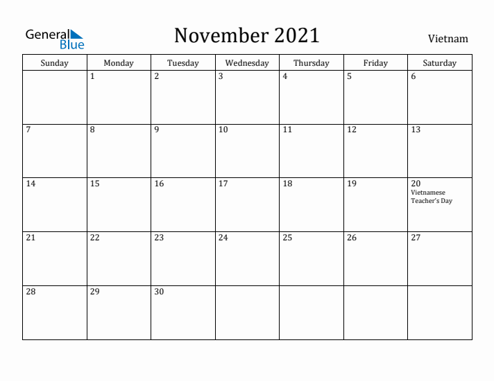 November 2021 Calendar Vietnam