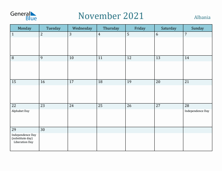 November 2021 Calendar with Holidays