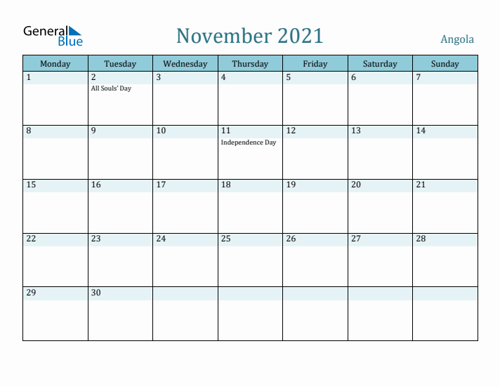 November 2021 Calendar with Holidays