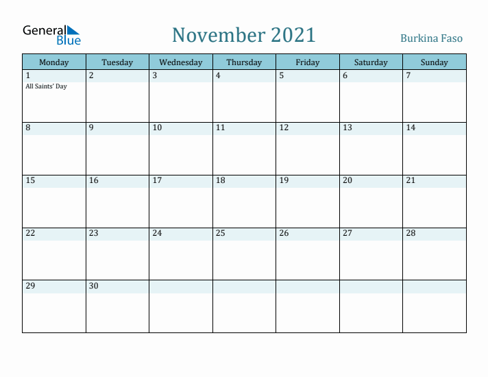 November 2021 Calendar with Holidays