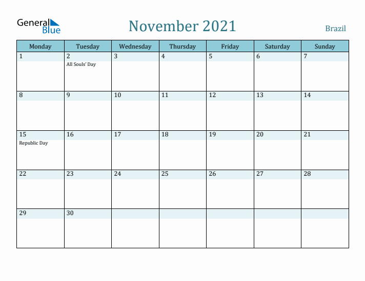 November 2021 Calendar with Holidays