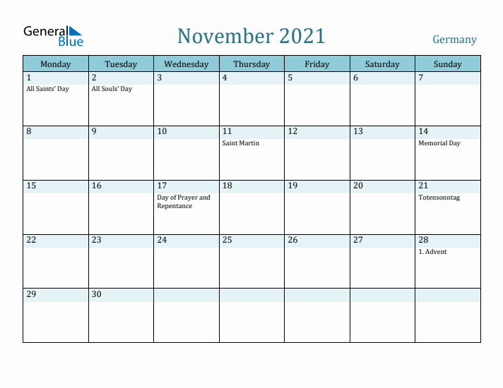 November 2021 Calendar with Holidays