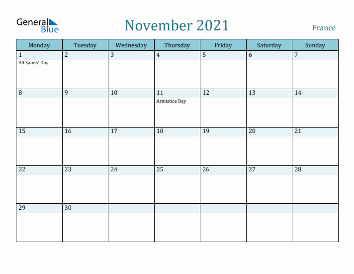 November 2021 Calendar with Holidays